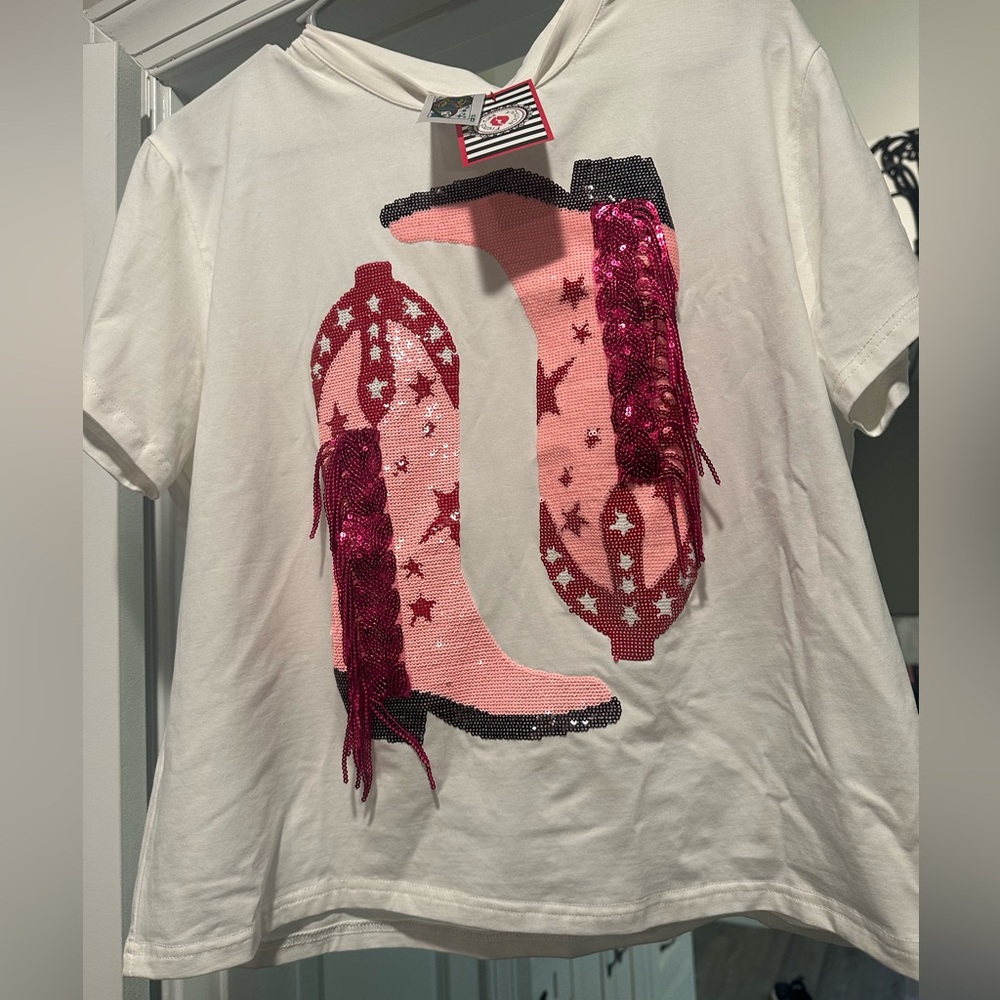 New with tag- Queen of Sparkles cowboy  boots top - sequins - small